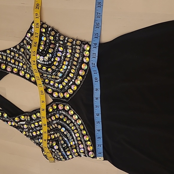 EUC Hailey Logan by Andrianna Papell Beaded Halter Style Open Back Black Gown - Picture 4 of 17